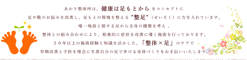 あかり整体所は、足元からの健康をコンセプトに足や靴のお悩みを改善し、25年以上の施術経験と知識を活かした、整体×足のケアで早期改善と予防を理念に生涯自分の足で歩ける身体づくりをお手伝いいたします。
